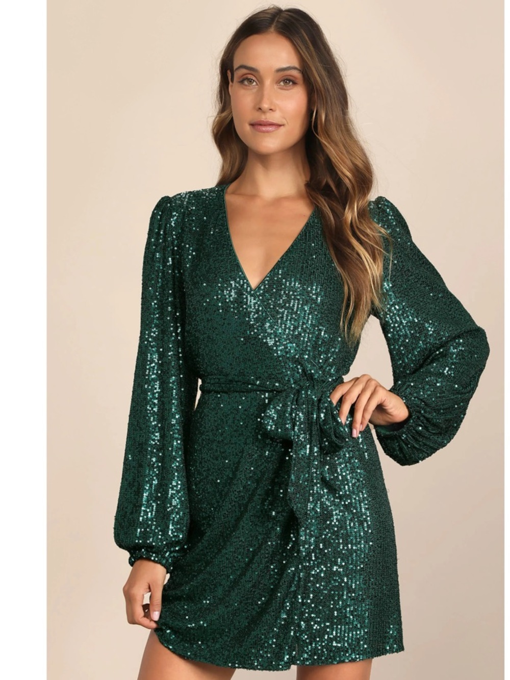 NWT Lulu’s Sparkly Darling Emerald Green Sequin Long Sleeve Wrap Mini Dress Chic - Picture 6 of 12